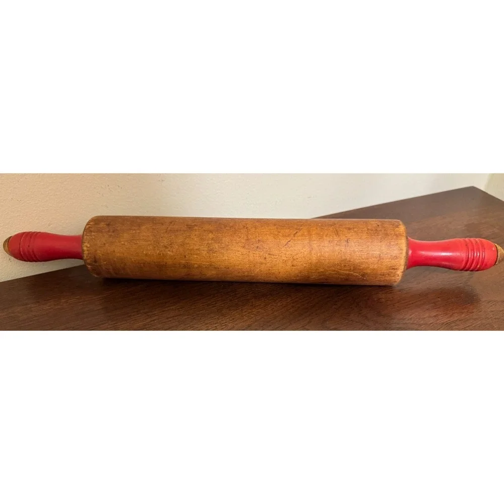 Antique Wood Rolling Pin Painted Red Handles 17.5